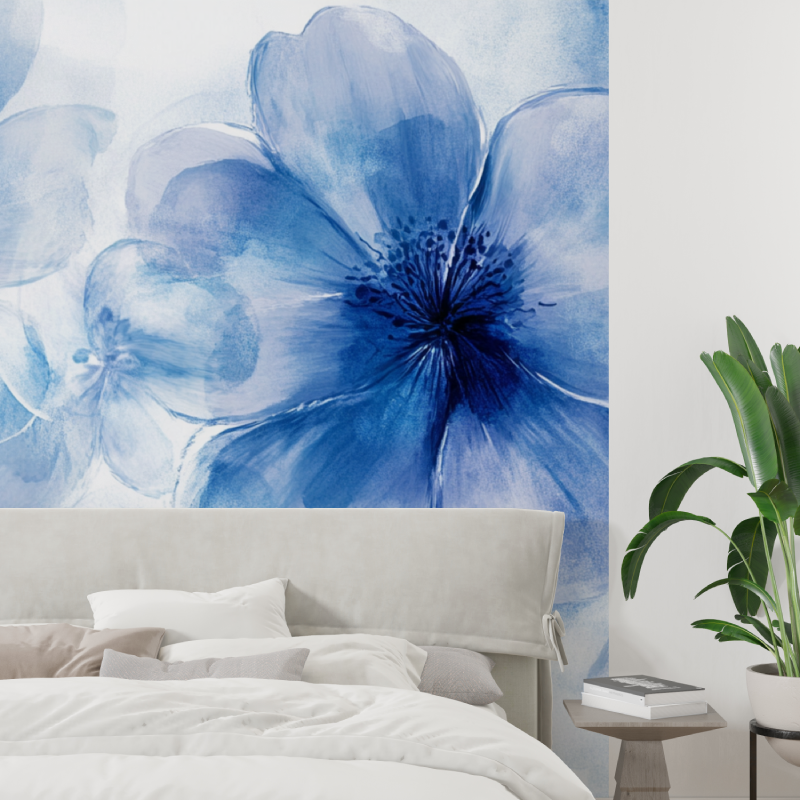 Papier peint grosses fleurs bleu tapisserie tendance