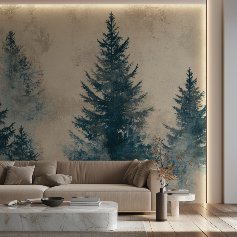 Papier peint arbre bleu canard canape neon