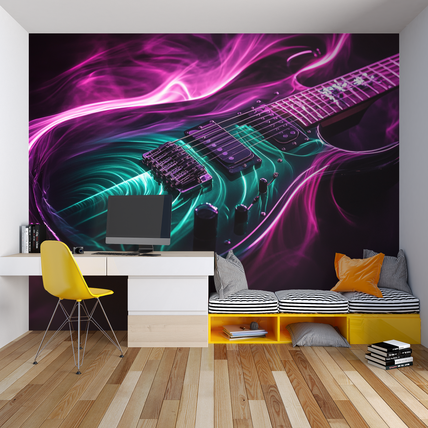 Papier peint guitare emeraude chambre garcon lit