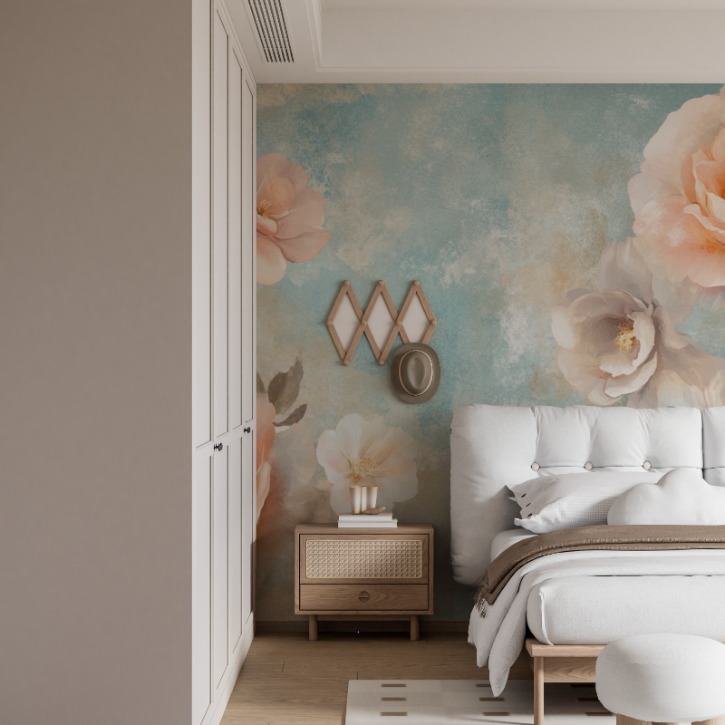 Papier peint aquarelle fleurs stylisees avec texture mural