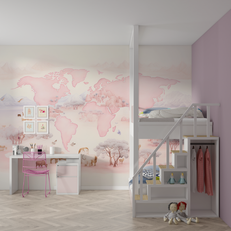 Papier peint carte du monde fille mur chambre fille