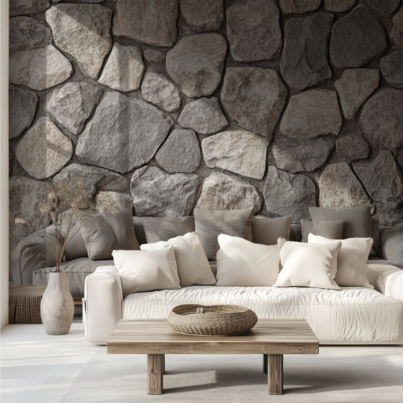 Papier peint trompe loeil pierre de parement canape tendance