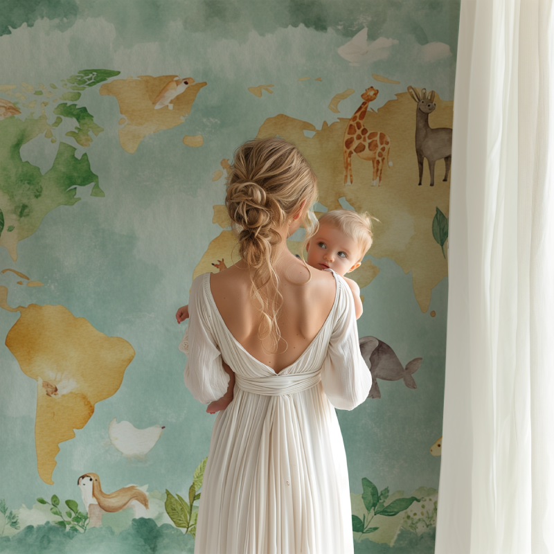 Papier peint carte du monde terre coloree animaux bb123