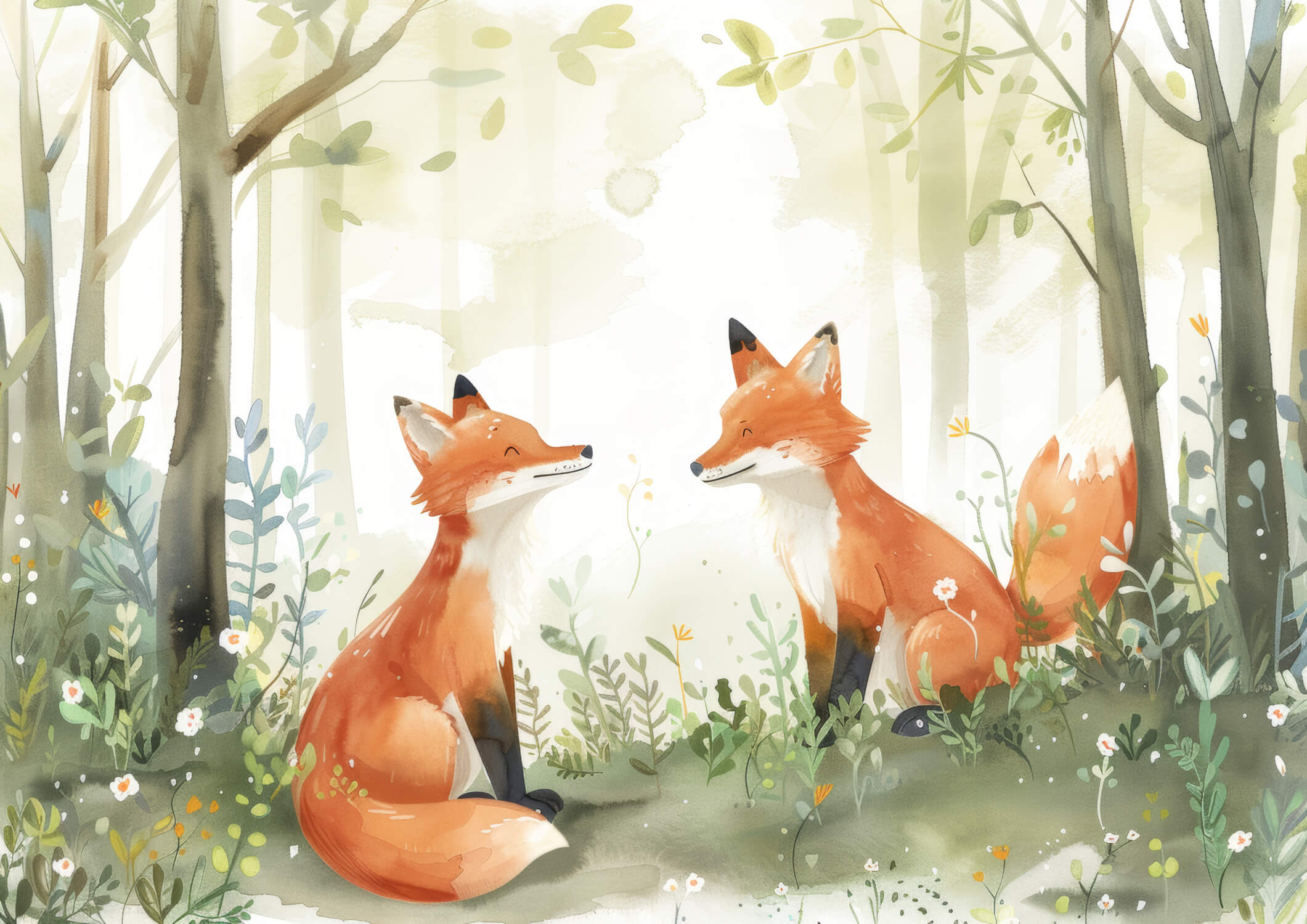 Papier Peint Renard Forêt Vert