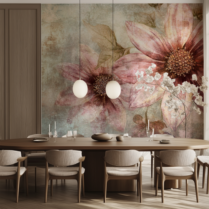 Papier peint vintage fleuri salle manger tendance