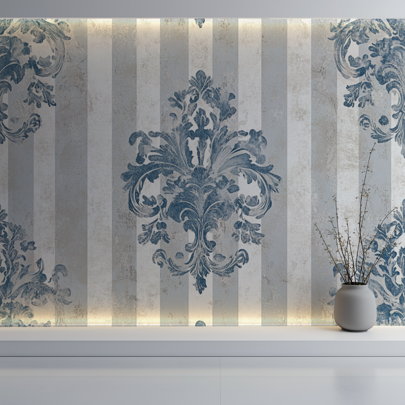 Papier peint vintage rayures gris bleu perle mur blanc