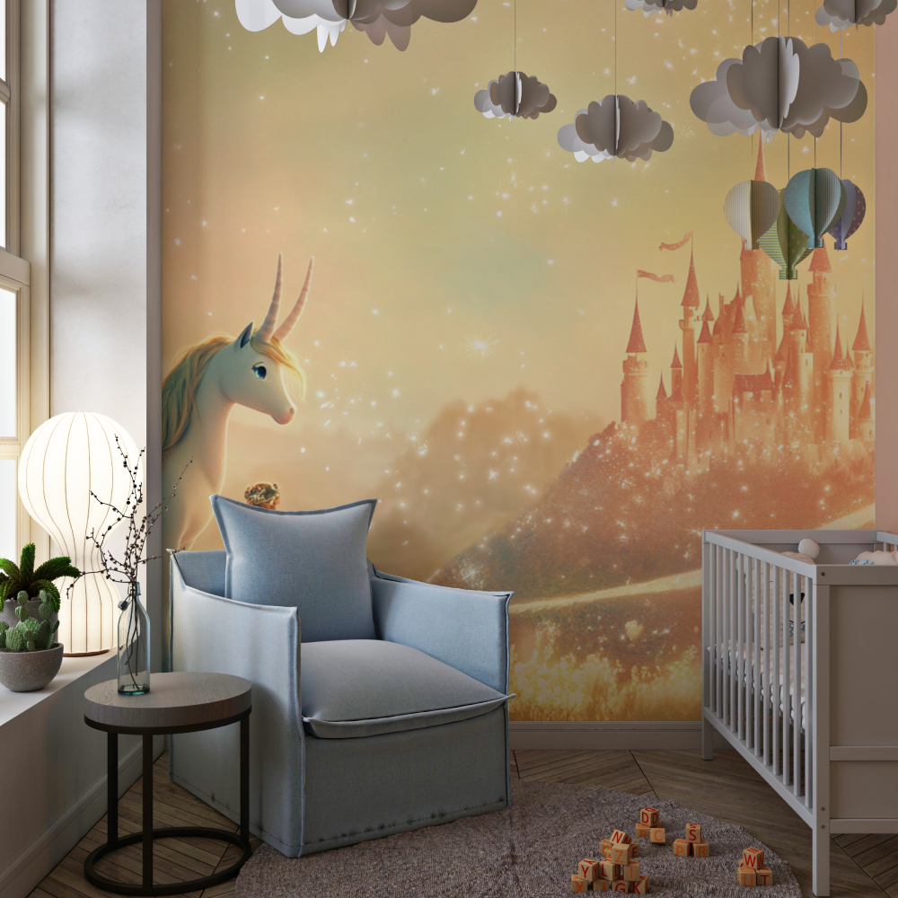 Papier peint chateau princesse et licorne chambre de fille