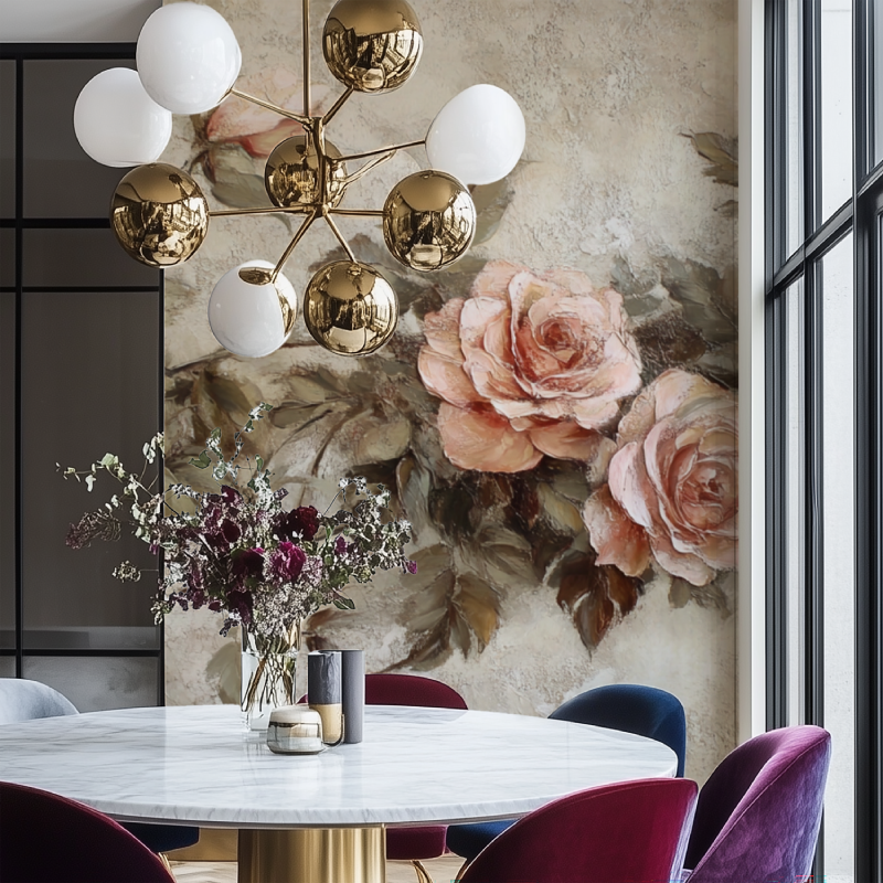 Papier peint vintage a fleurs salon chaise