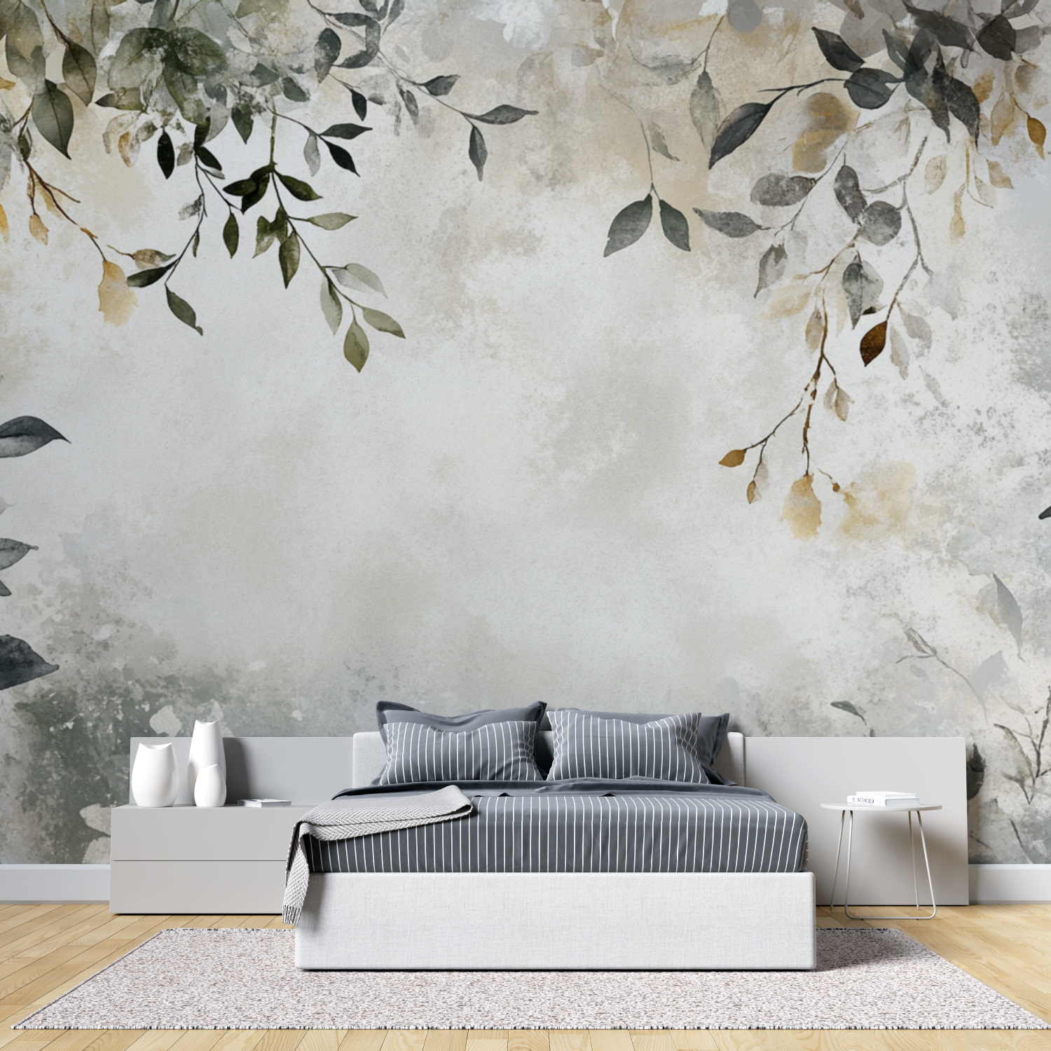 Papier peint aquarelle feuilles bohemes tete de lit