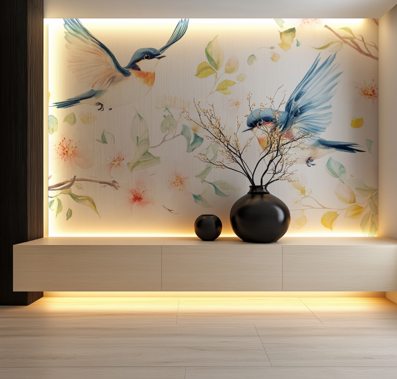 Papier peint fleur et oiseau chambre salon neon