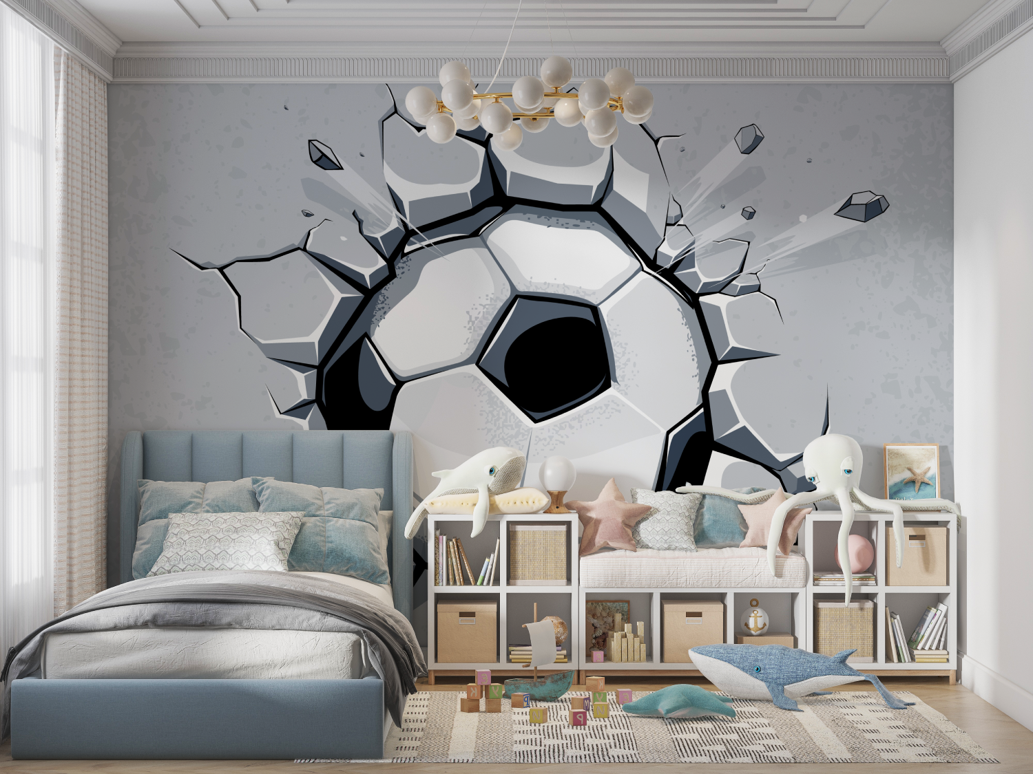 Papier peint avec un grand ballon de foot panoramique garcon