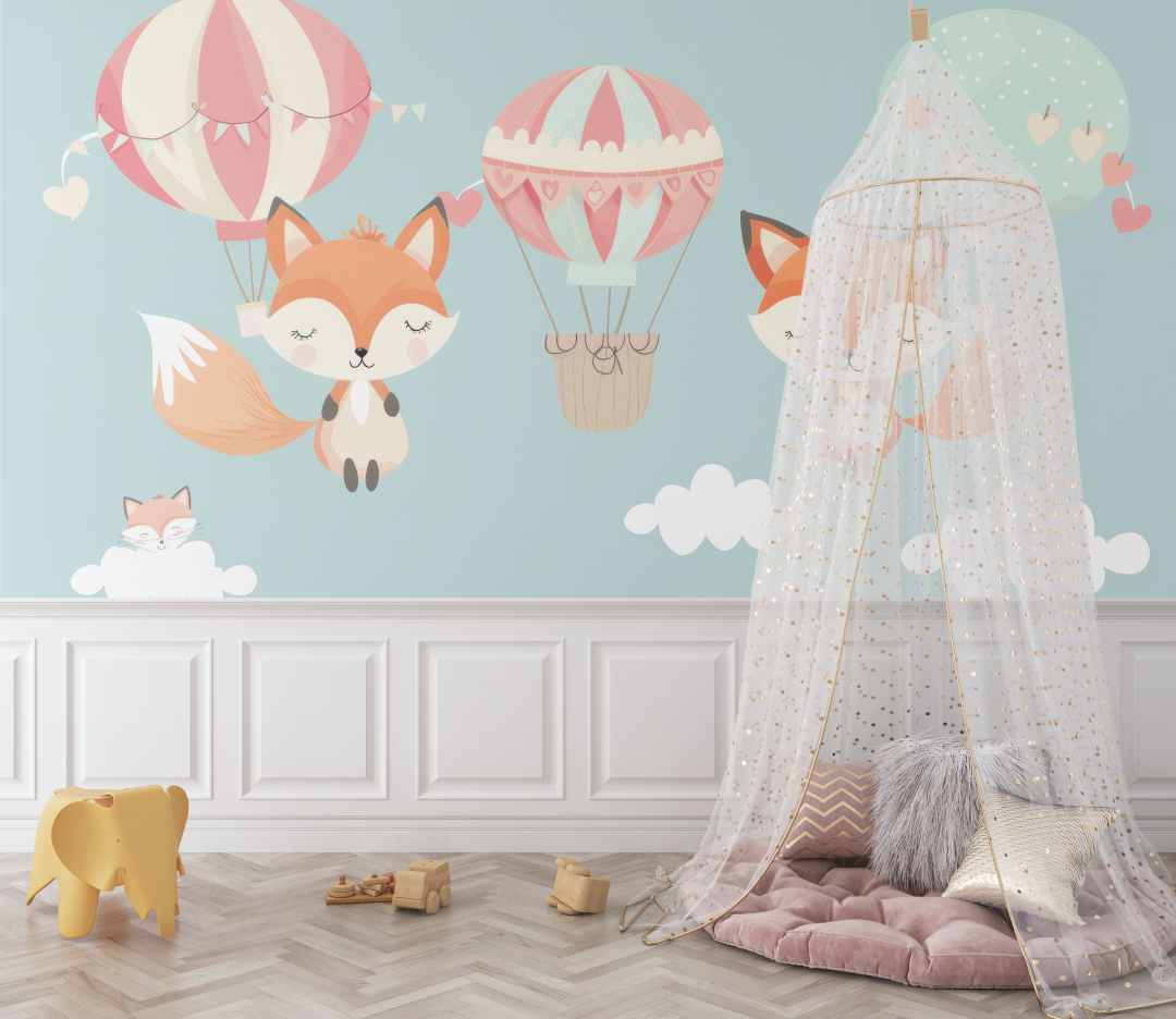 Papier peint renard et montgolfiere bebe