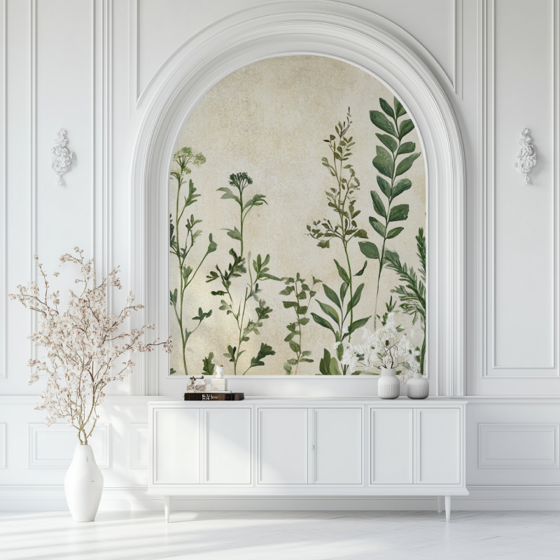 Papier peint vintage plante verr deau salon blanc