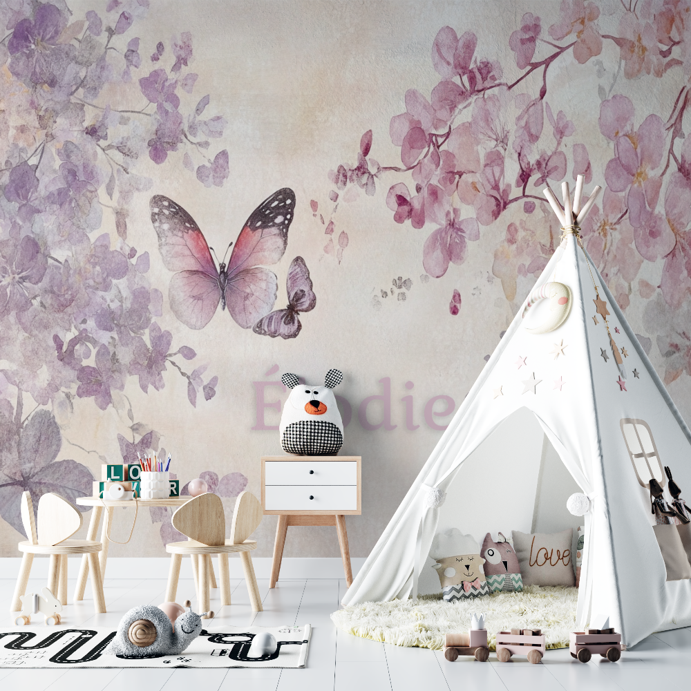 Papier peint prenom papillons rose chambre bebe