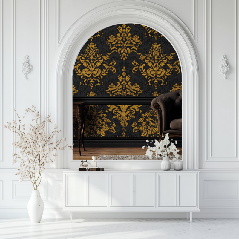Papier peint vintage noir jaune salon blanc