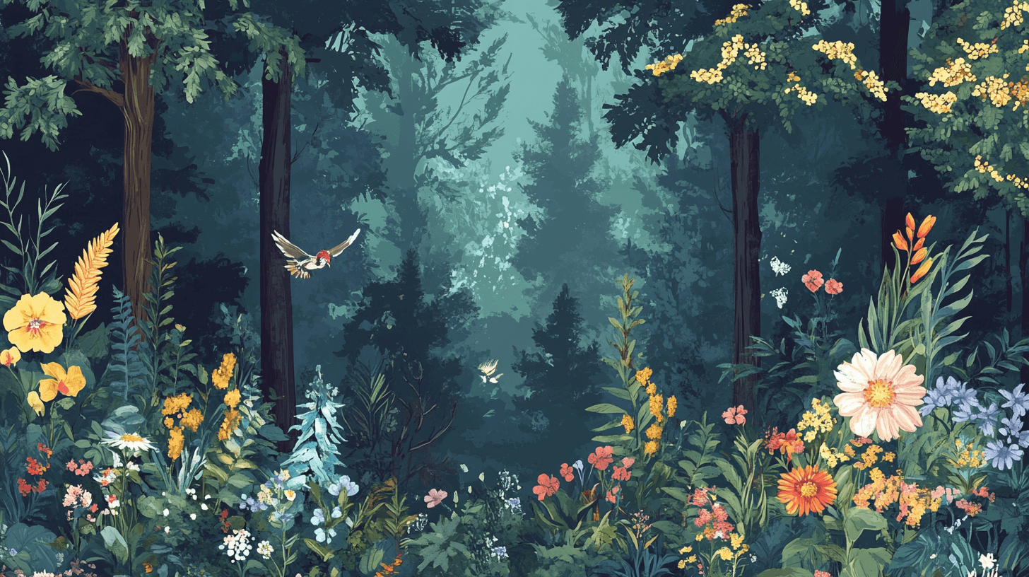 Papier Peint Fleur Et Animaux Foret