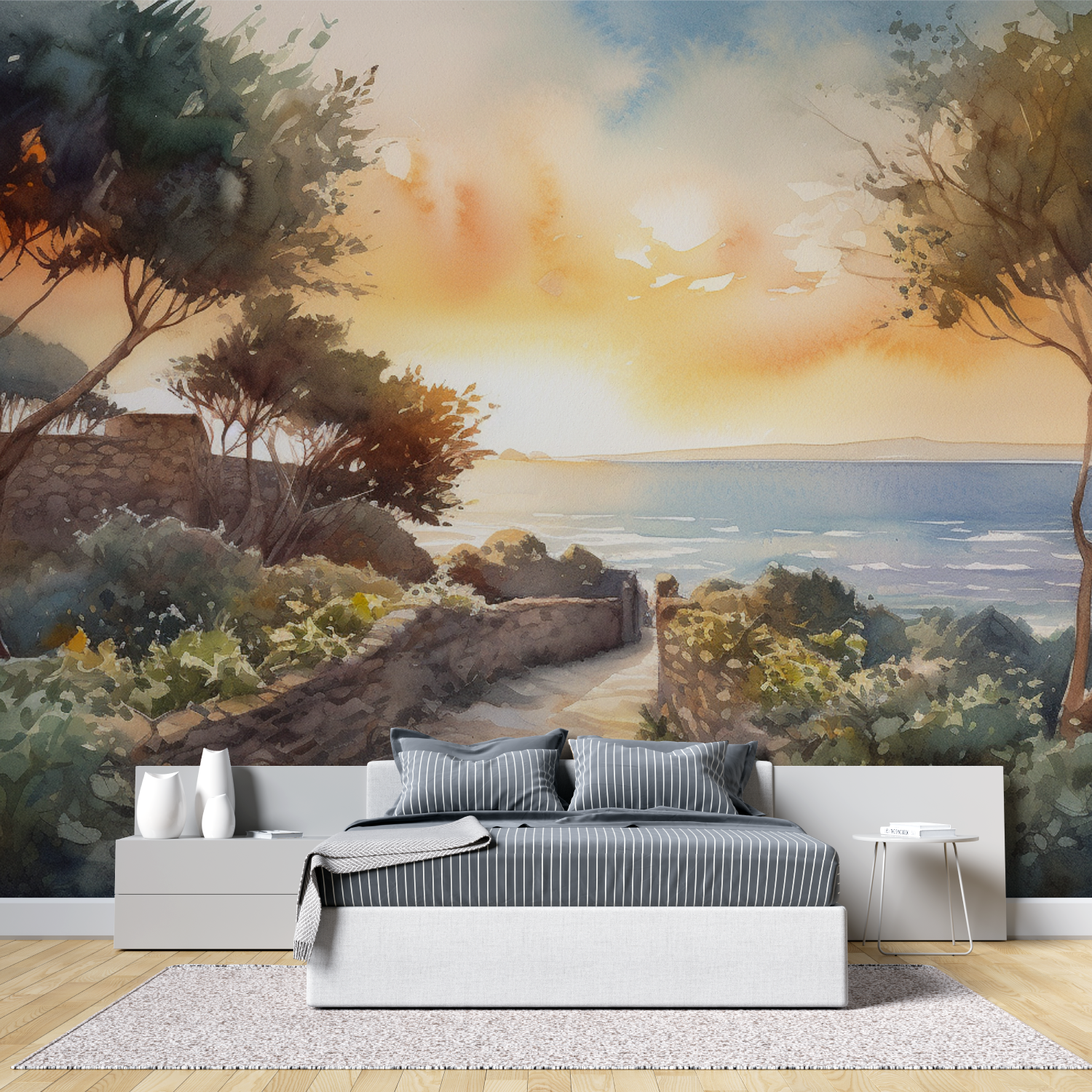 Papier peint aquarelle paysage ...uche de soleil tete de lit