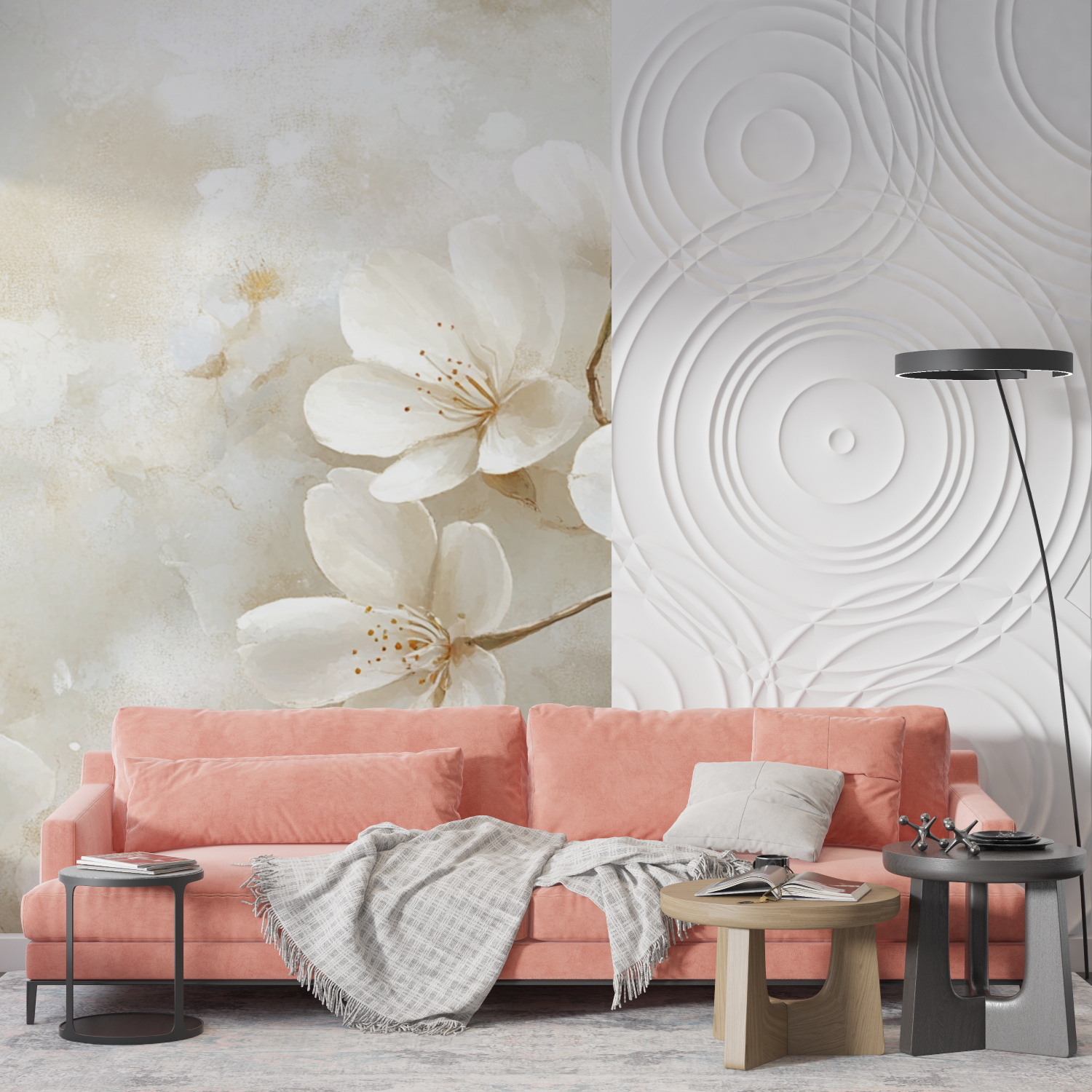 Papier peint aquarelle fleurs blanches abstraites mur