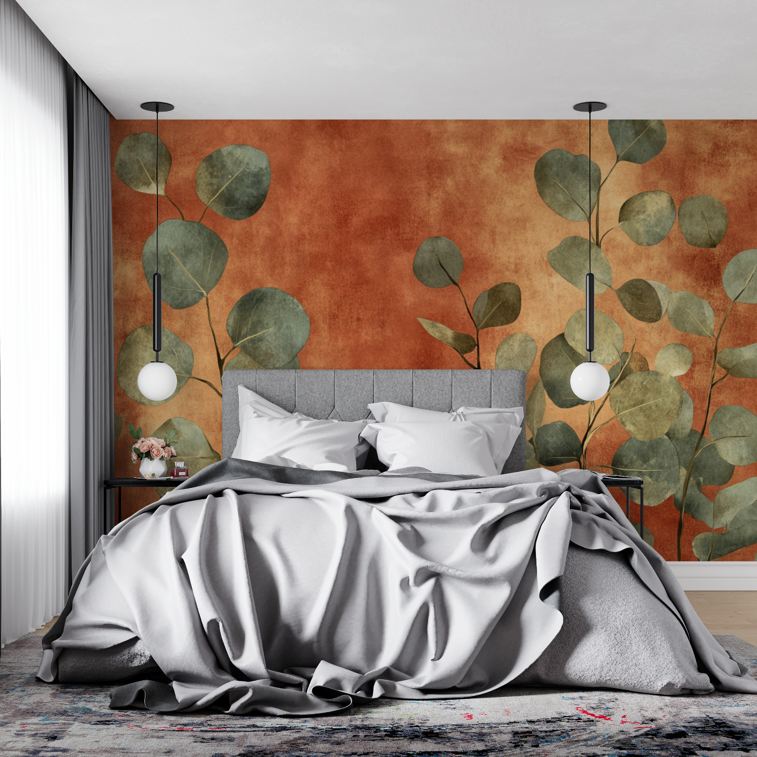 Papier peint terracotta et eucalyptus stylise 4murs