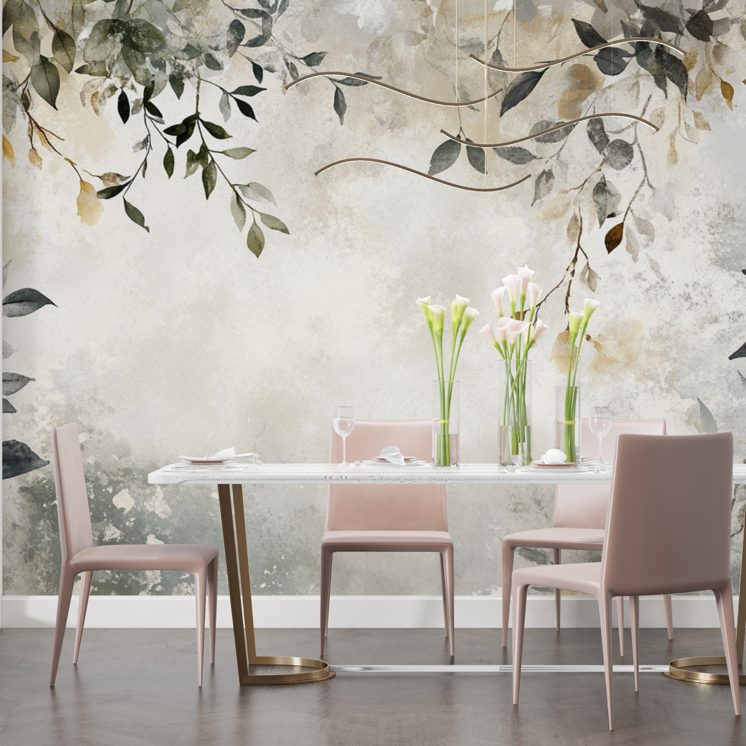 Papier peint aquarelle feuilles bohemes salon