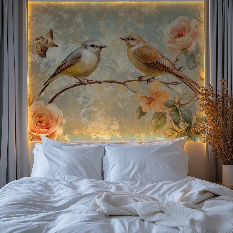 Papier peint vintage fleurs oiseaux chambre tendanc