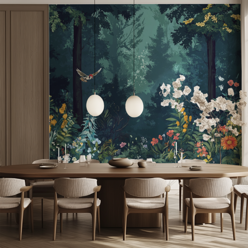 Papier peint fleur et animaux foret salle manger tendance