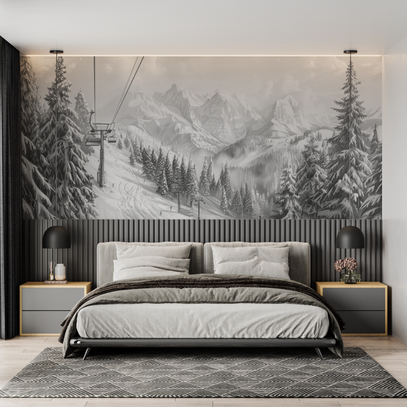 Papier peint montagne telecabine noir blanc mural adulte