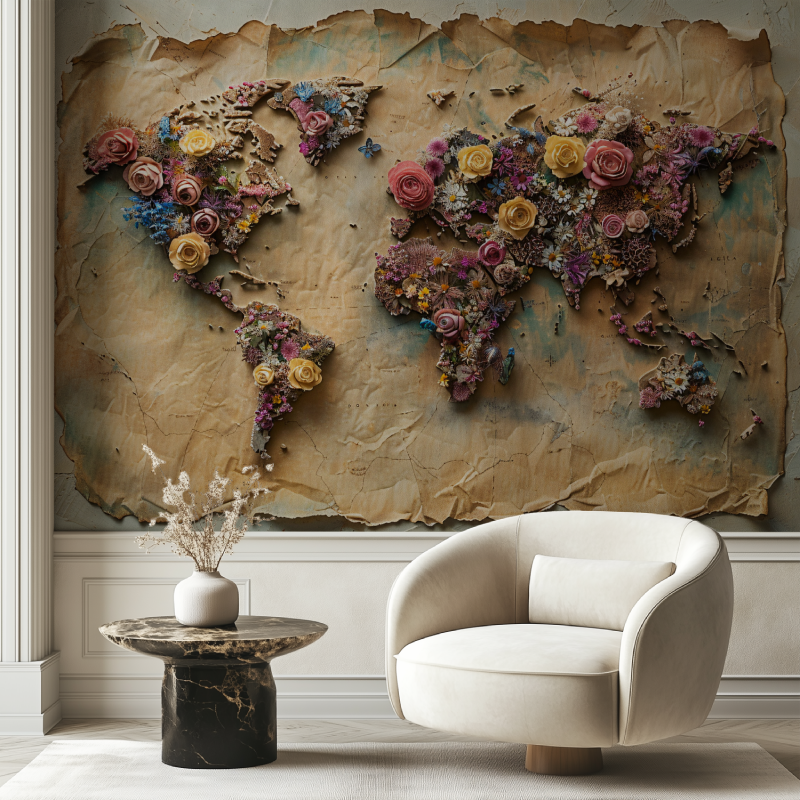 Papier peint carte du monde fleurs 3d chaise tendance