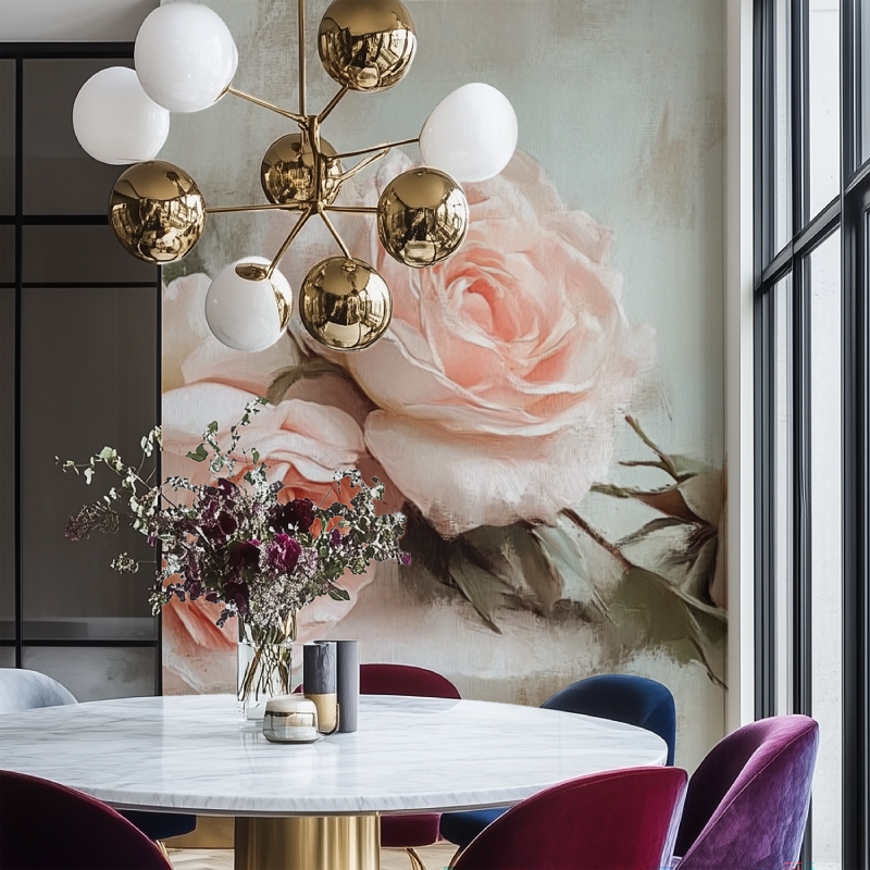 Papier peint a fleurs vintage salon chaise