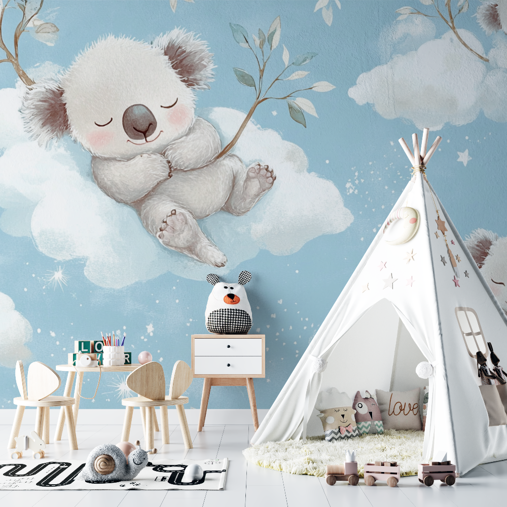Papier peint koala endormi dans un nuage chambre bebe
