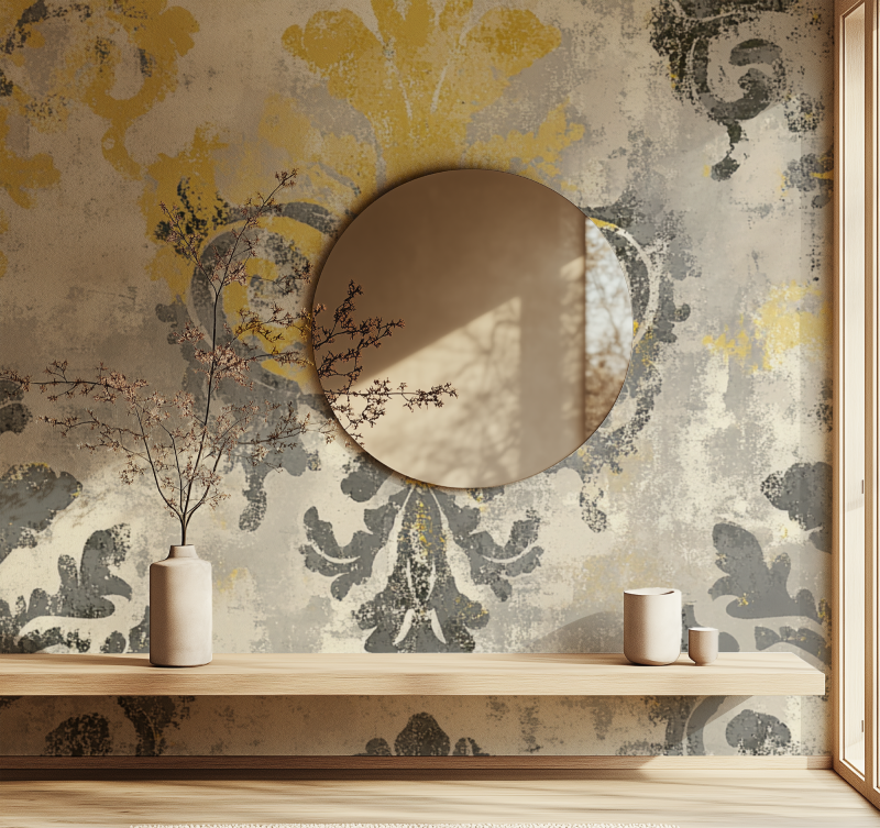 Papier peint vintage jaune et gris miroir