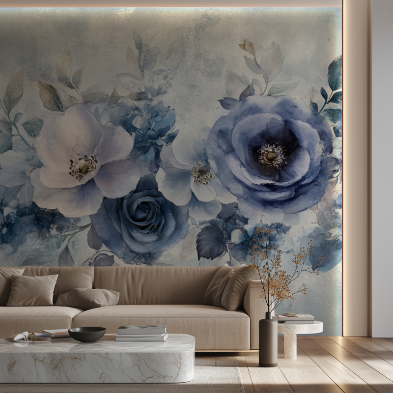 Papier peint fleuri vintage bleu canape neon
