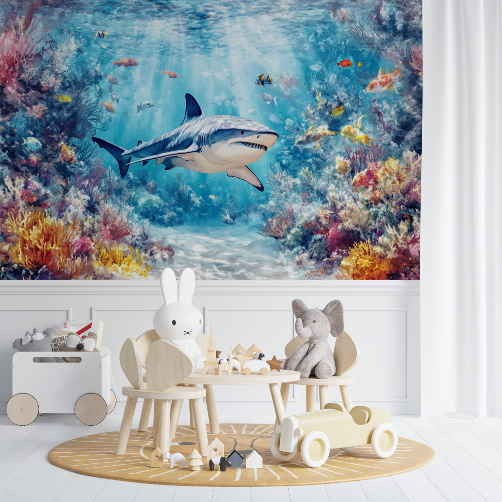 Papier peint marin panoramique requin chambre de bebe