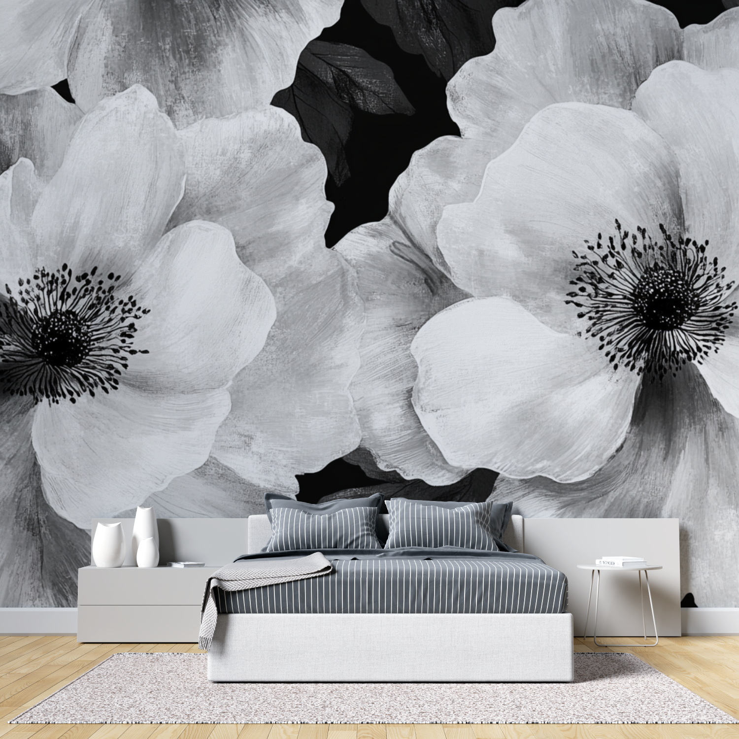 Papier peint aquarelle fleurs noires tete de lit