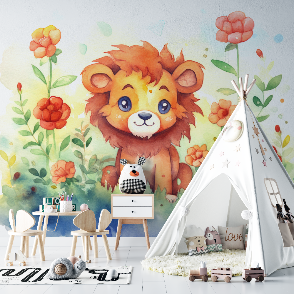 Papier peint lion et fleurs enchantees chambre bebe