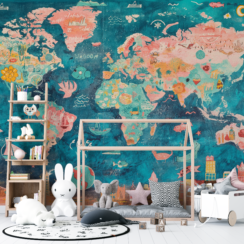 Papier peint pour enfant carte du monde 12