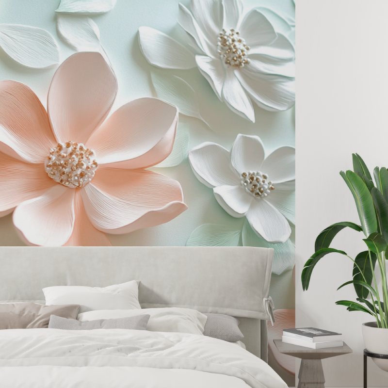 Papier peint trompe loeil fleurs tapisserie tendance