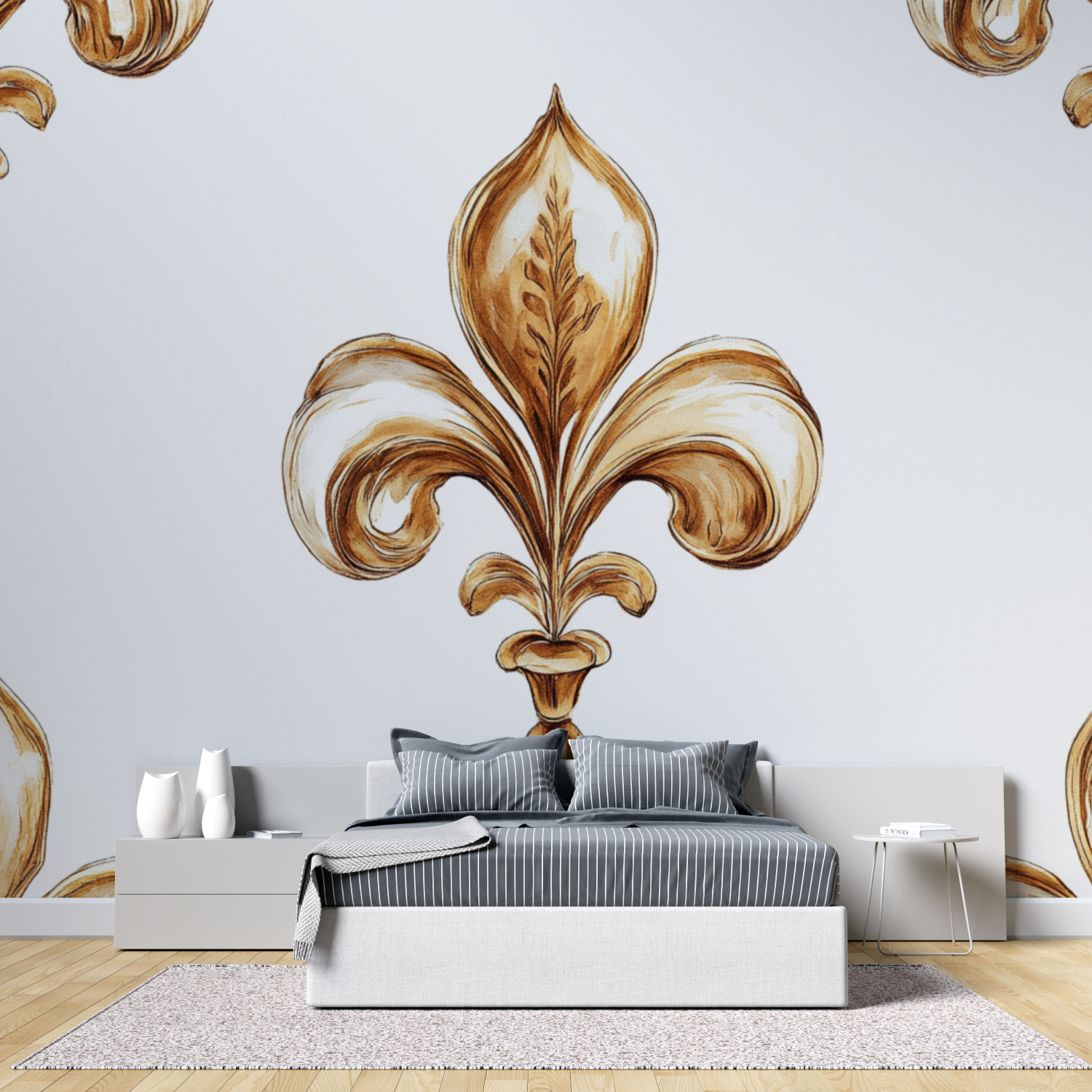 Papier peint fleur de lys fond blanc tete de lit