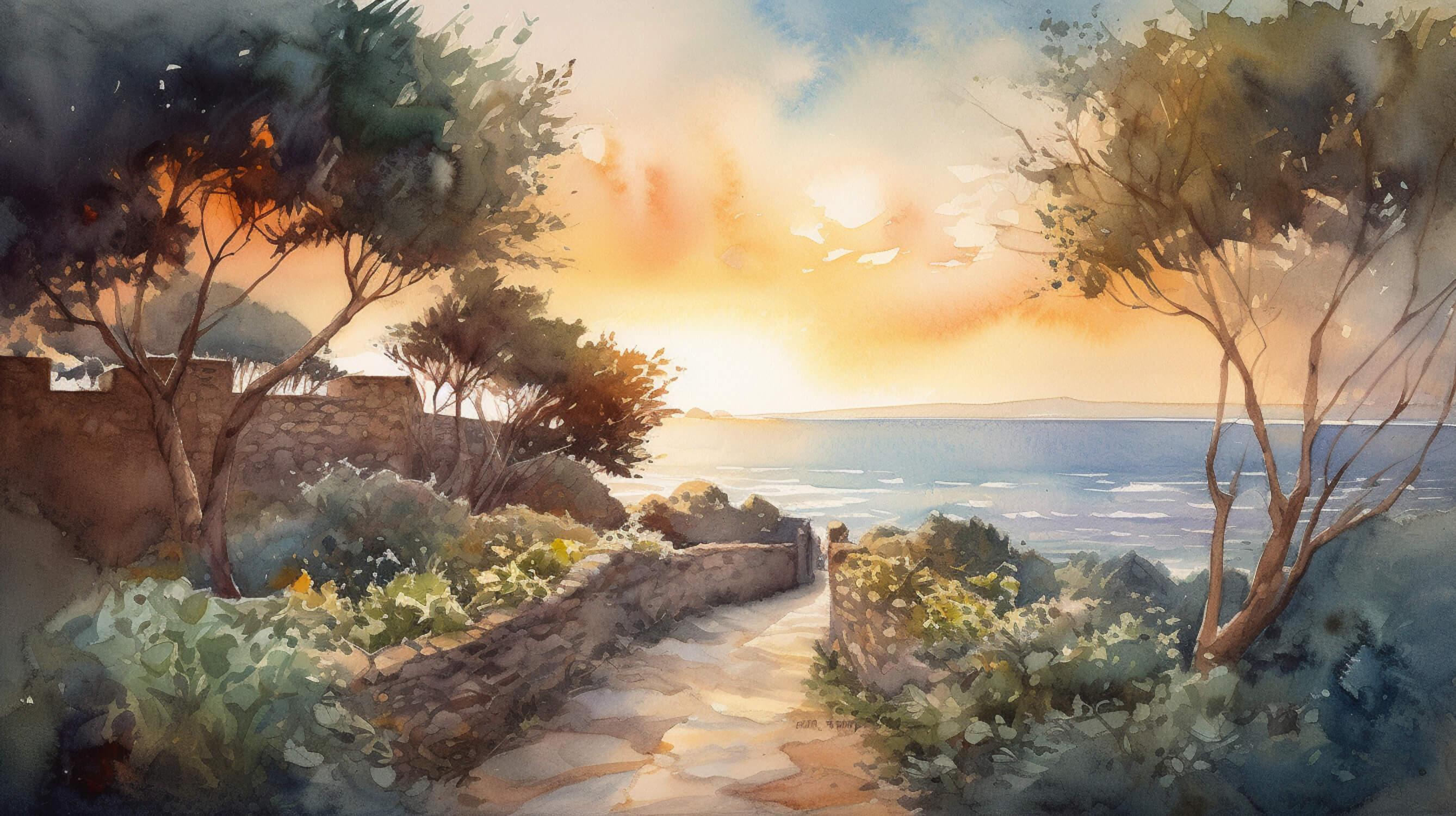 Papier Peint Aquarelle Paysage Méditerranéen Couché De Soleil