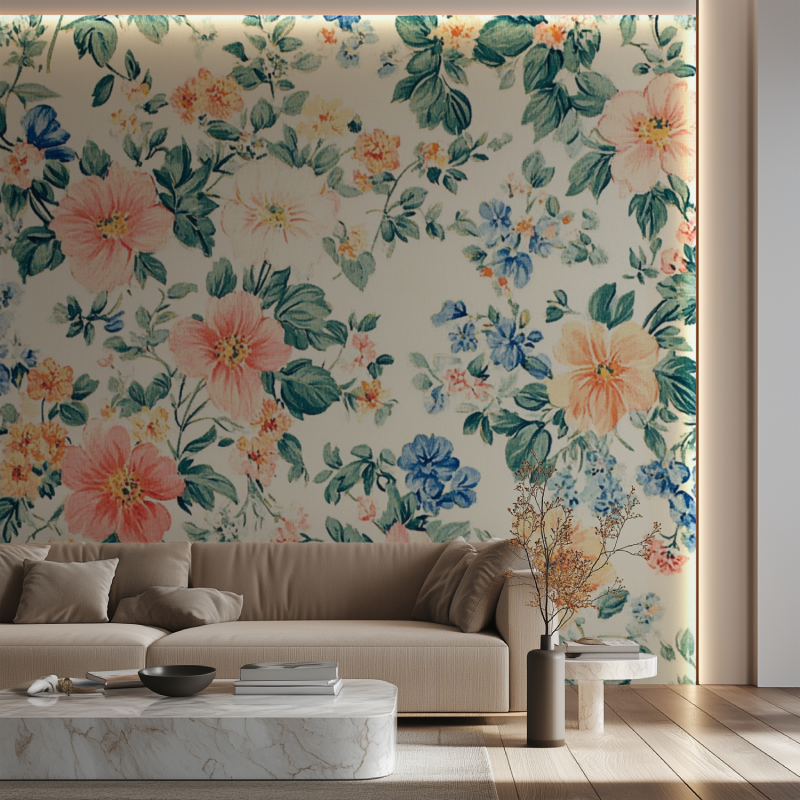 Papier peint motif scandinave vintage fleurs canape neon