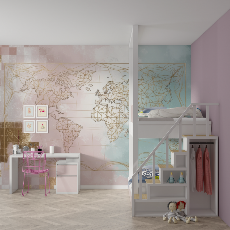 Papier peint carte du monde geo...que rose mur chambre fille