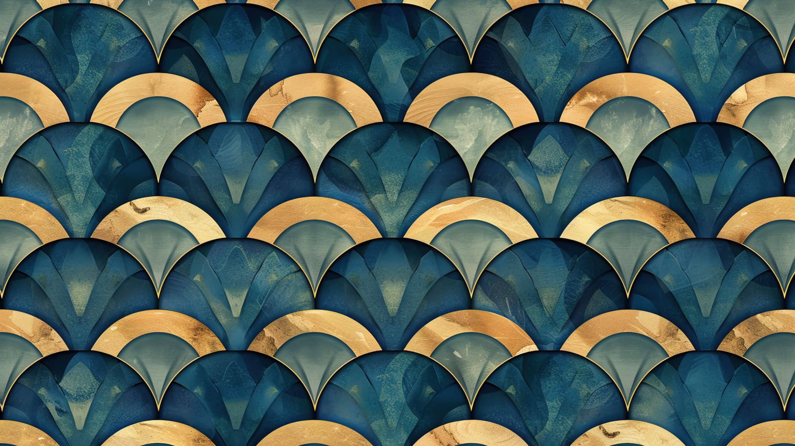 Papier Peint Art Déco Eventail Bleu Doré
