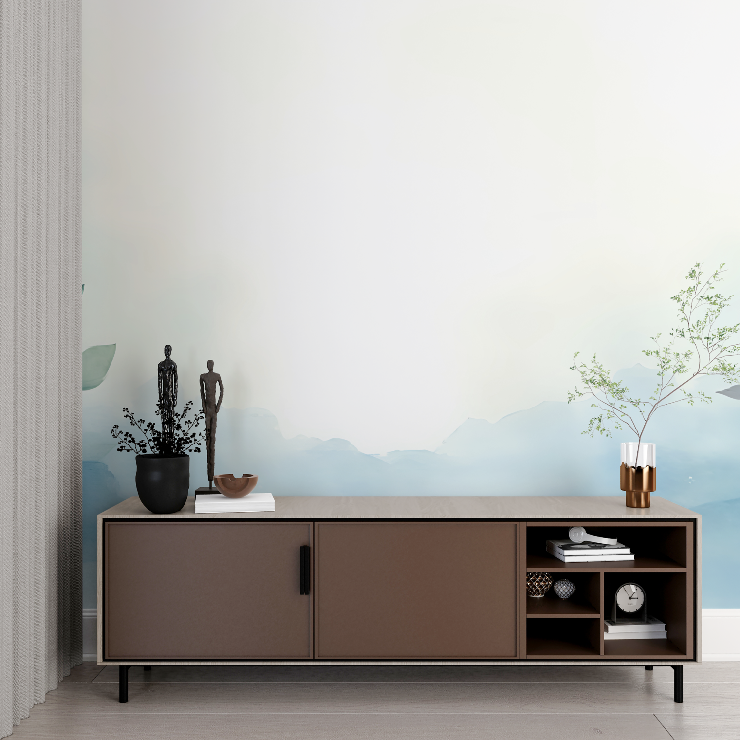 Papier peint aquarelle botanique bleu imprime