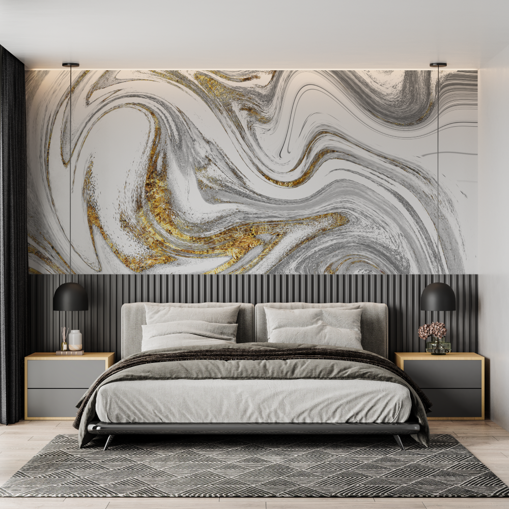 Papier Peint Fluide Gris Et Doré - chambre adulte