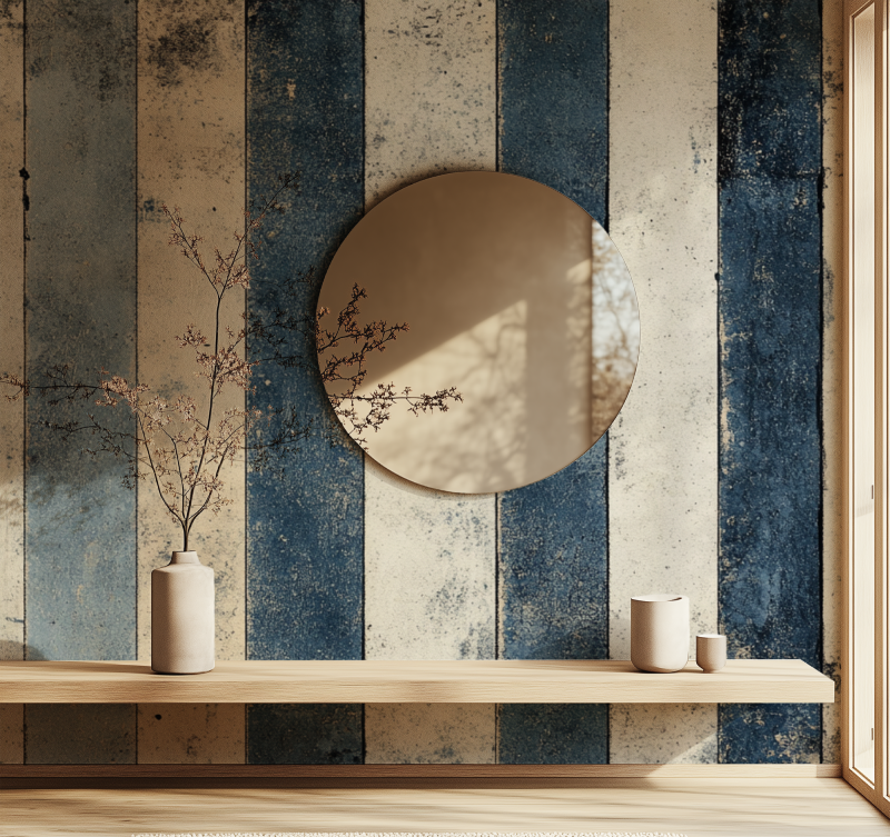 Papier peint vintage rayures gris bleu pale miroir