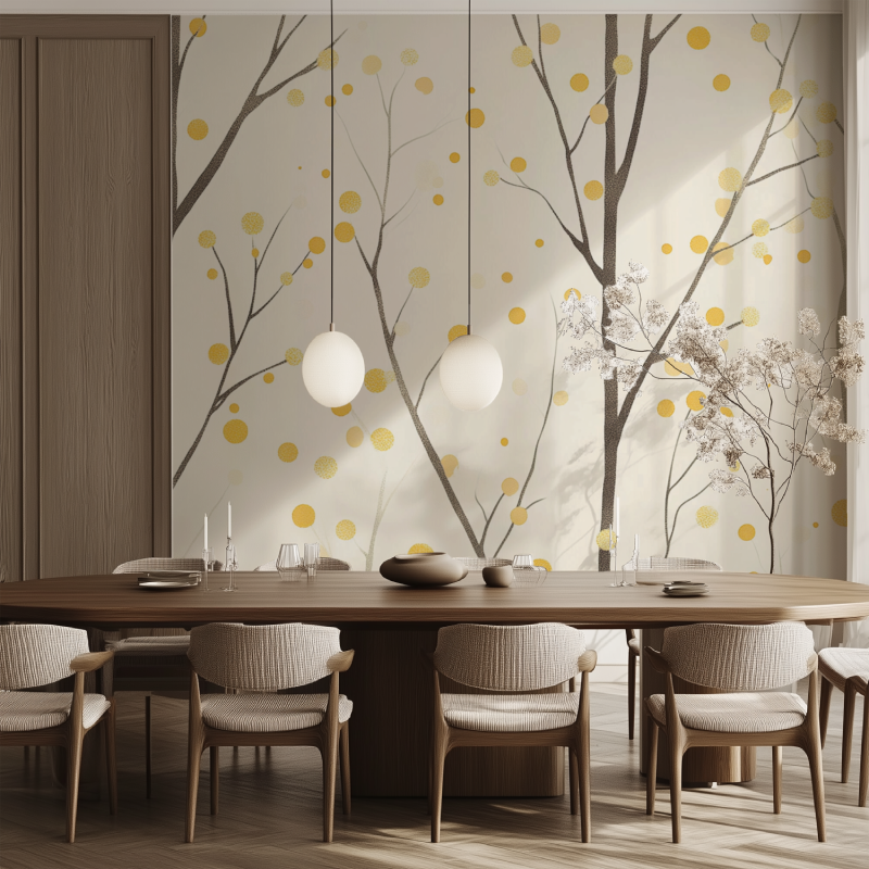 Papier peint arbre jaune a pois salle manger tendance