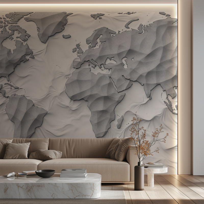 Papier peint carte du monde gris canape neon