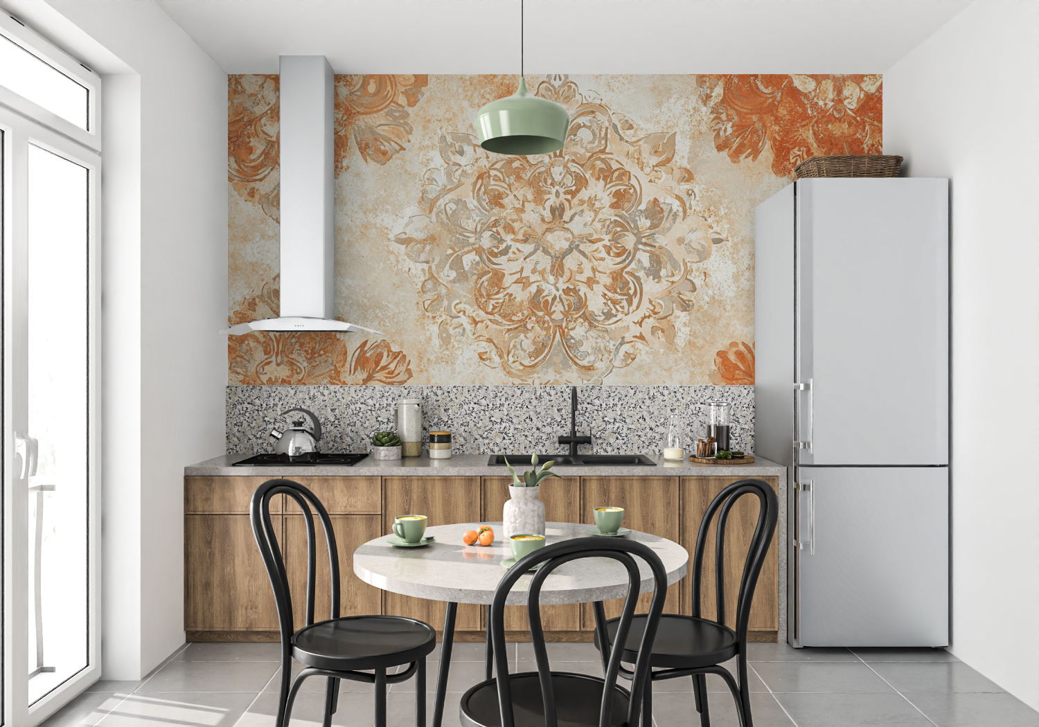 Papier peint terracotta avec arabesques dorees mur cuisine