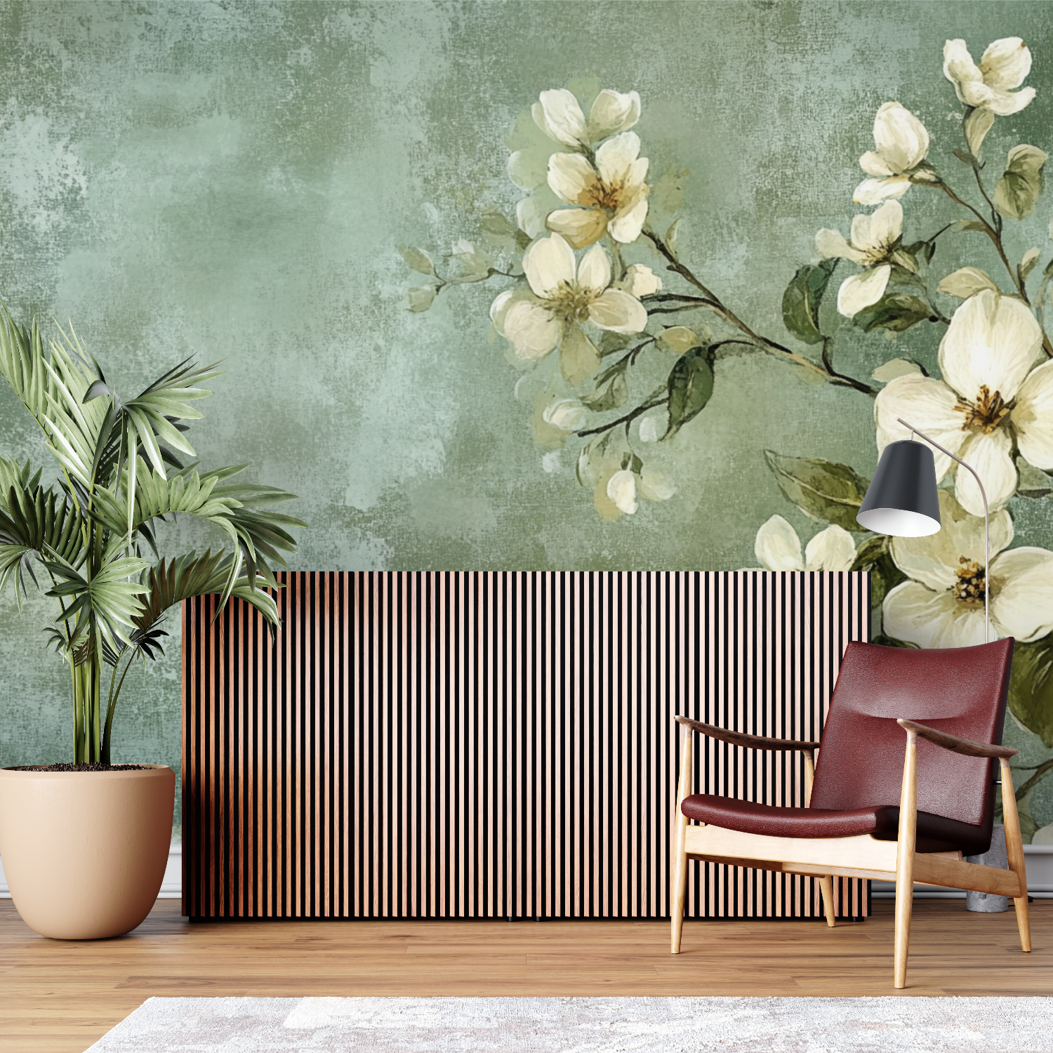 Papier peint vintage fleurs vert sur mesure