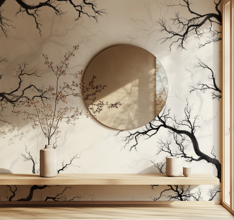 Papier peint arbre noir et banc miroir